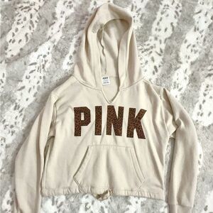 PINK Tan Cropped Hoodie